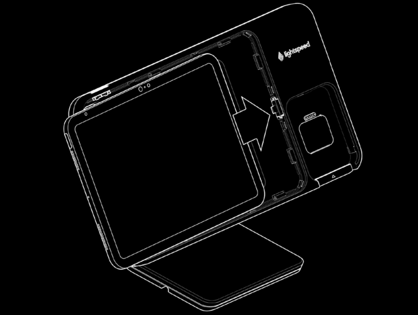 Afbeelding van een iPad die op de Lightspeed-standaard met betaaloptie wordt geplaatst. Met een pijl wordt aangegeven dat de iPad naar rechts in de standaard wordt geschoven.
