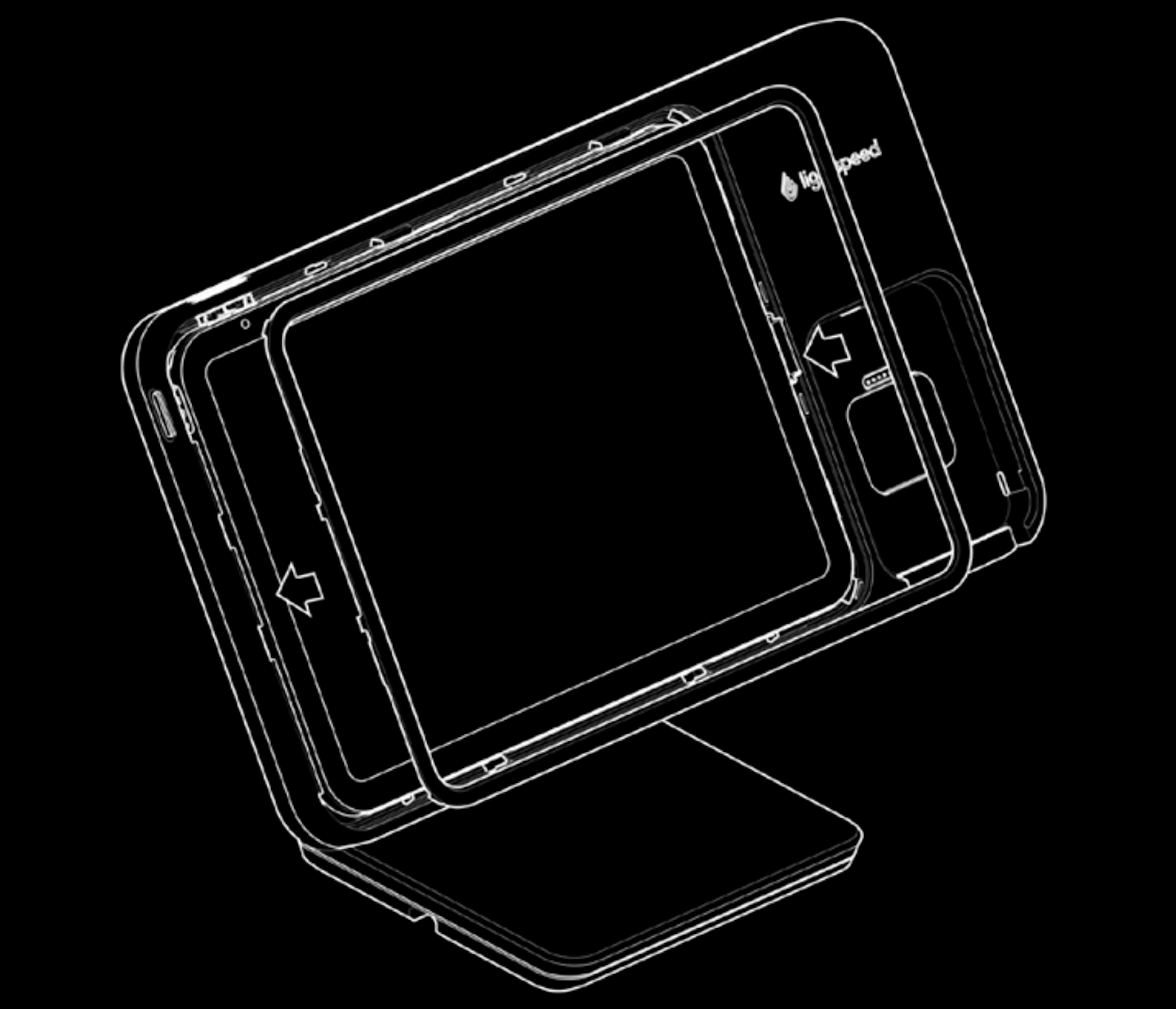 Illustration of Lightspeed Stand with Payments with bezel being placed over the edges of the iPad.