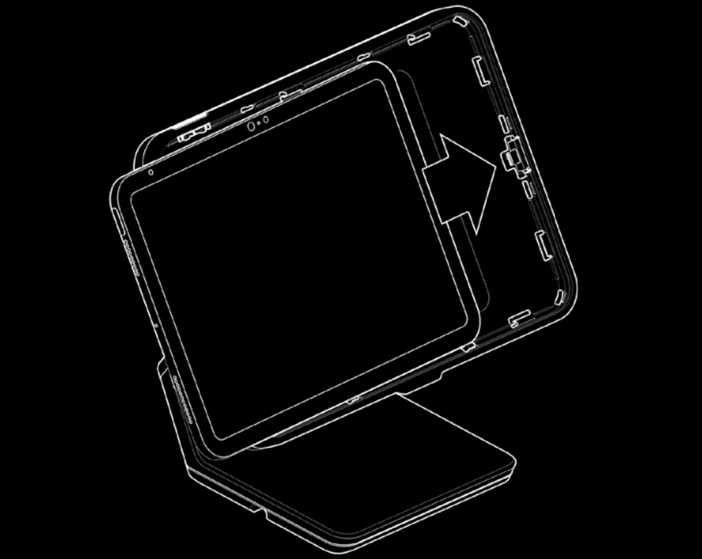 Illustration of Lightspeed Stand with iPad being placed. An arrow is pointing to show the iPad being slid into the stand towards the right.