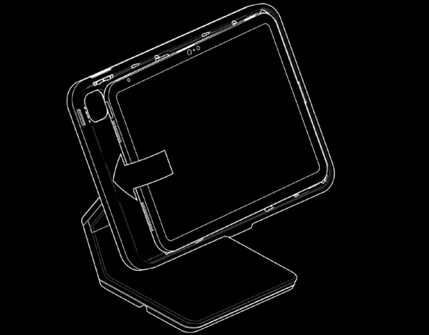 Illustration of Lightspeed Stand with iPad inserted. An arrow indicates that the iPad is being pushed flush with the stand.