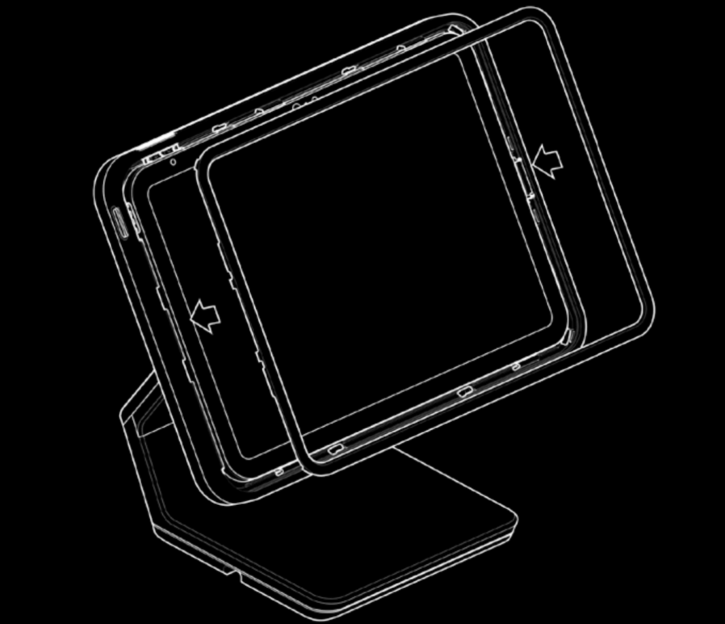 Illustration du support Lightspeed avec la monture du cadre recouvrant les bords de l'iPad.