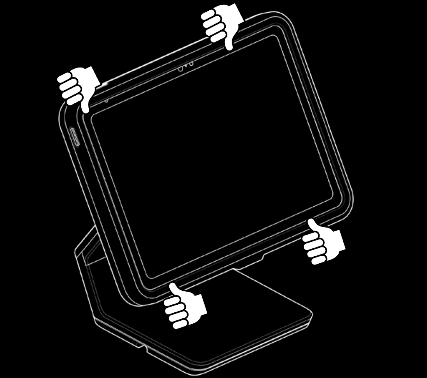 Illustration of Lightspeed Stand with bezel placed. Illustrations of hands indicate that the bezel should be pressed down using thumbs.