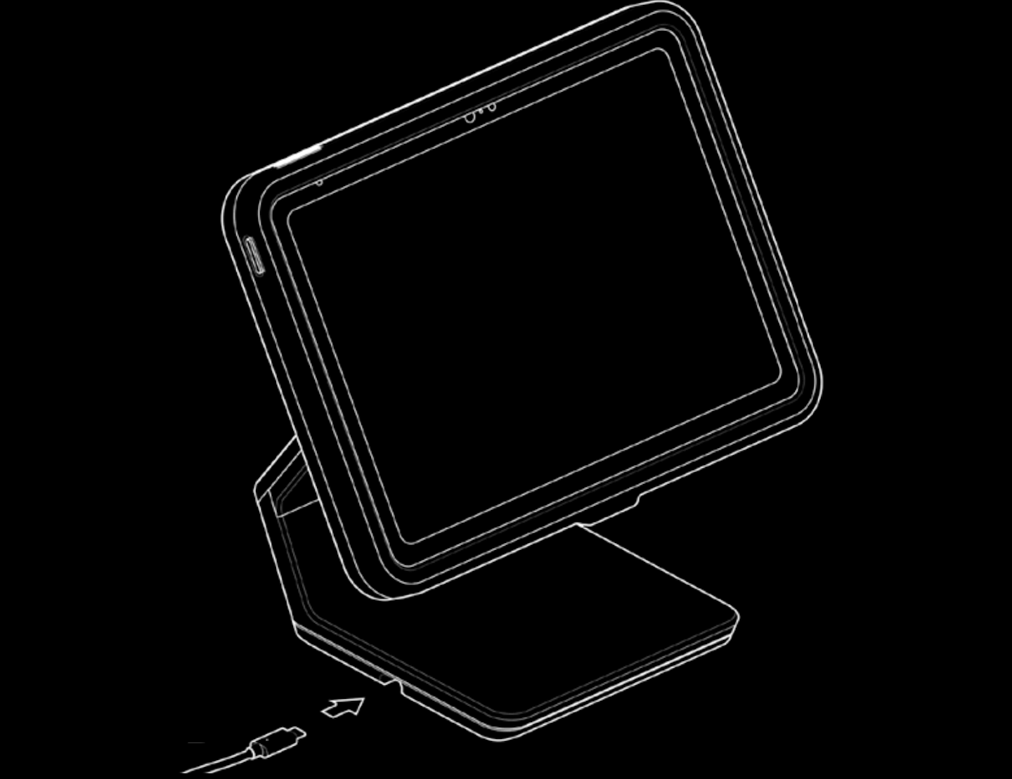 Illustration du support Lightspeed montrant le branchement du câble d'alimentation USB-C sur le côté gauche du socle du support.