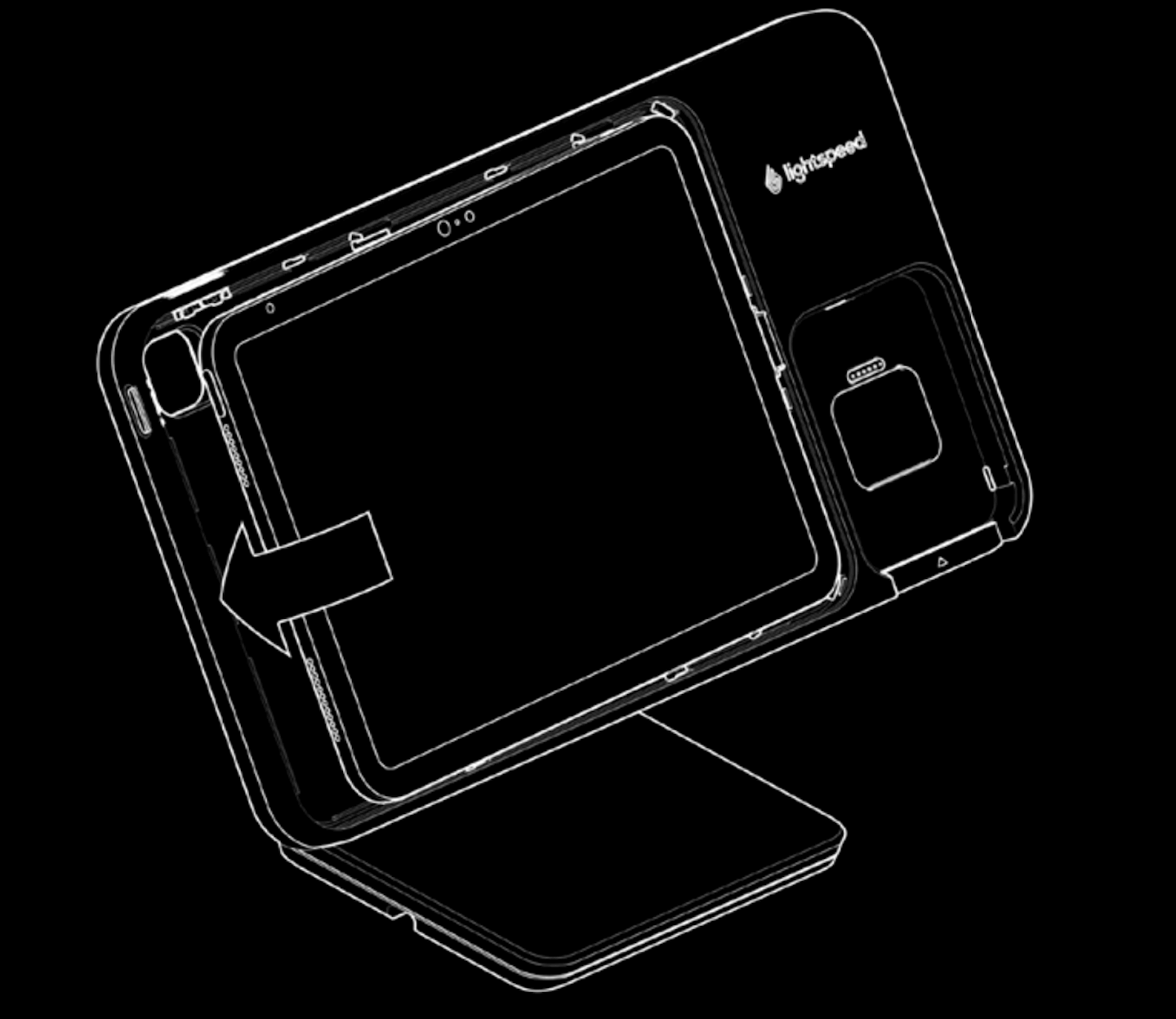 Afbeelding van een Lightspeed-standaard waarin een iPad is geplaatst. Een pijl geeft aan dat de iPad recht tegen de standaard aan wordt geduwd.