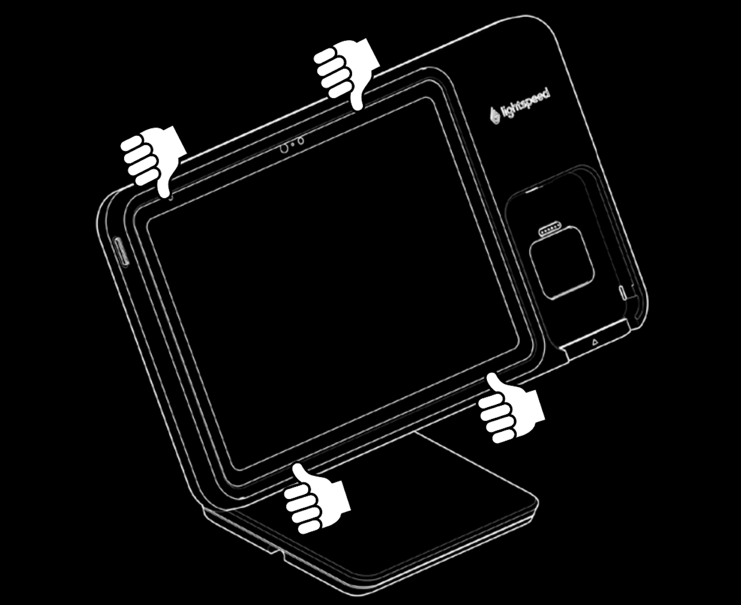 Illustration du support Lightspeed avec la monture du cadre mise en place. Les dessins des mains indiquent qu'il faut appuyer sur la monture du cadre à l'aide des pouces.