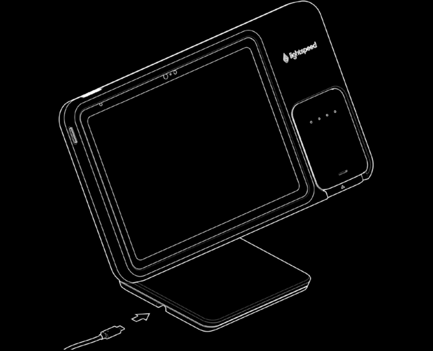 Illustration of Lightspeed Stand with Payments showing USB-C power cable being plugged in on the left of the stand's base.