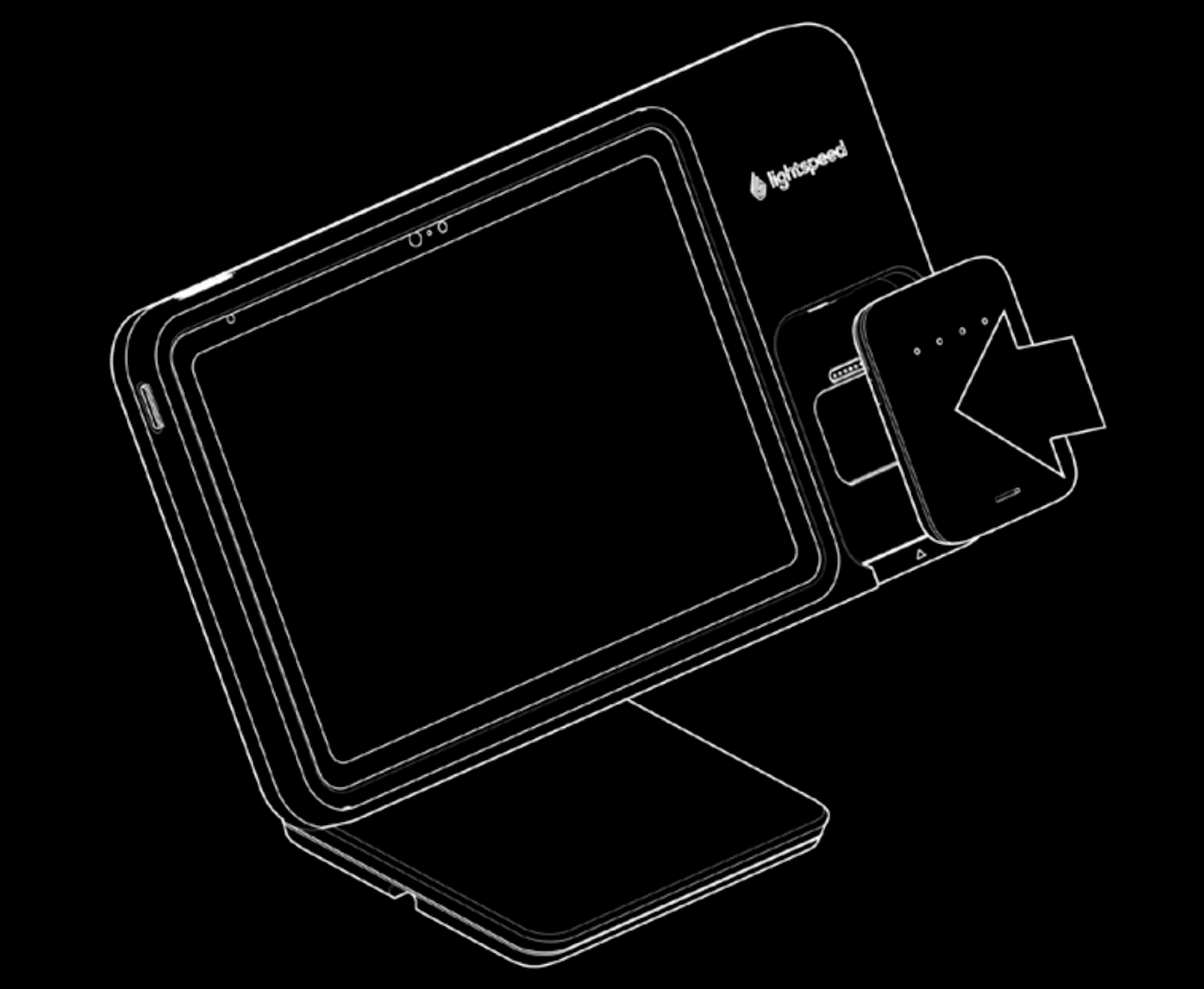 Illustration du support Lightspeed avec dispositifs de paiement intégrés. Le lecteur Mobile Tap est placé dans l'emplacement prévu à cet effet.