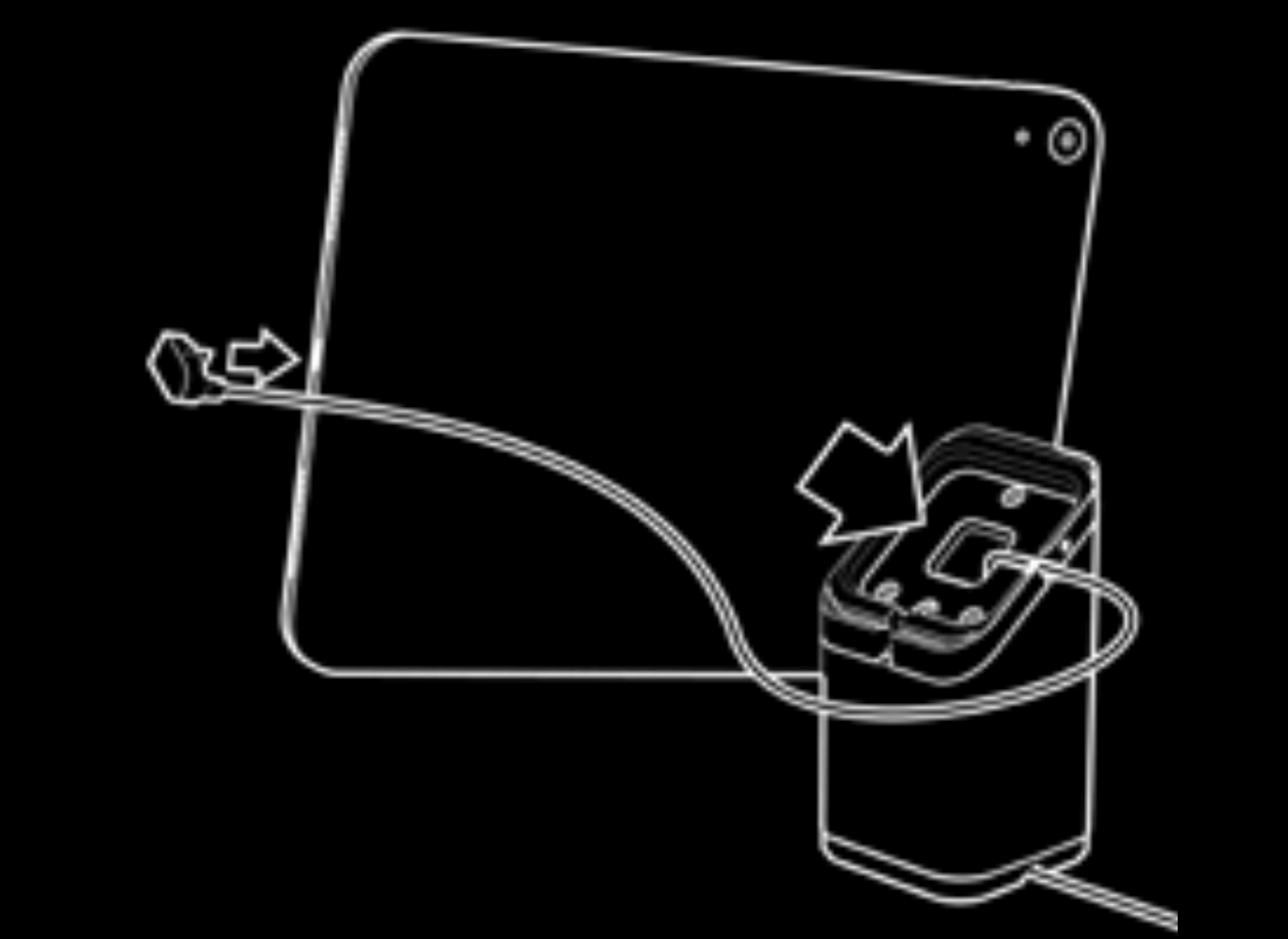 Illustration du socle du support universel traversé par le câble, indiquant la longueur de câble nécessaire pour atteindre le port de la tablette.