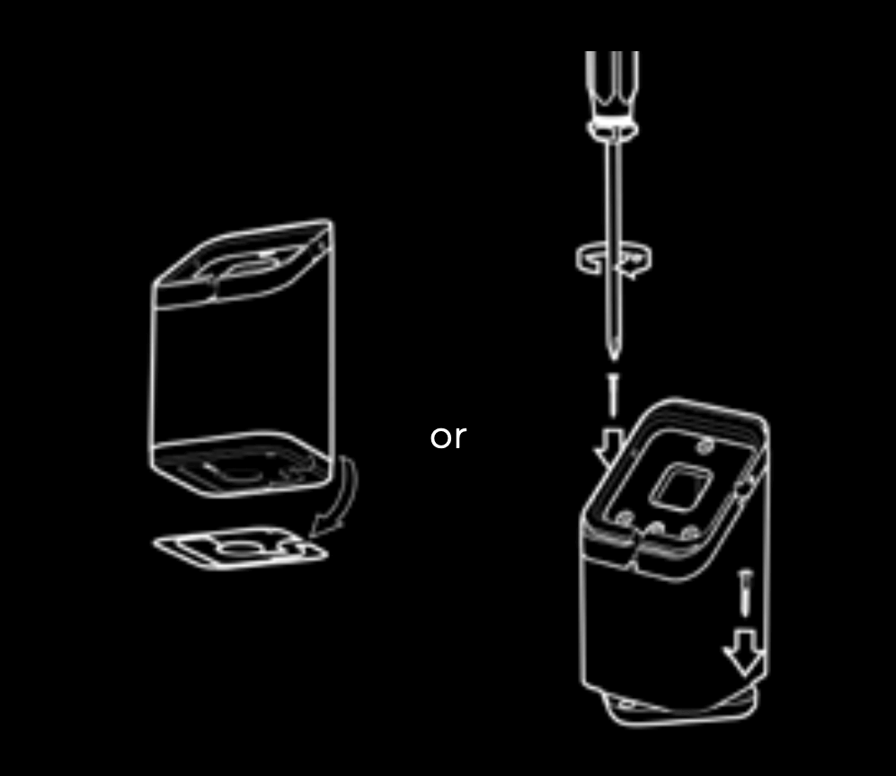 Illustration of Universal Stand base demonstrating the options of  adhesive applied to the bottom of the base or wood screws being screwed into the top of the base.