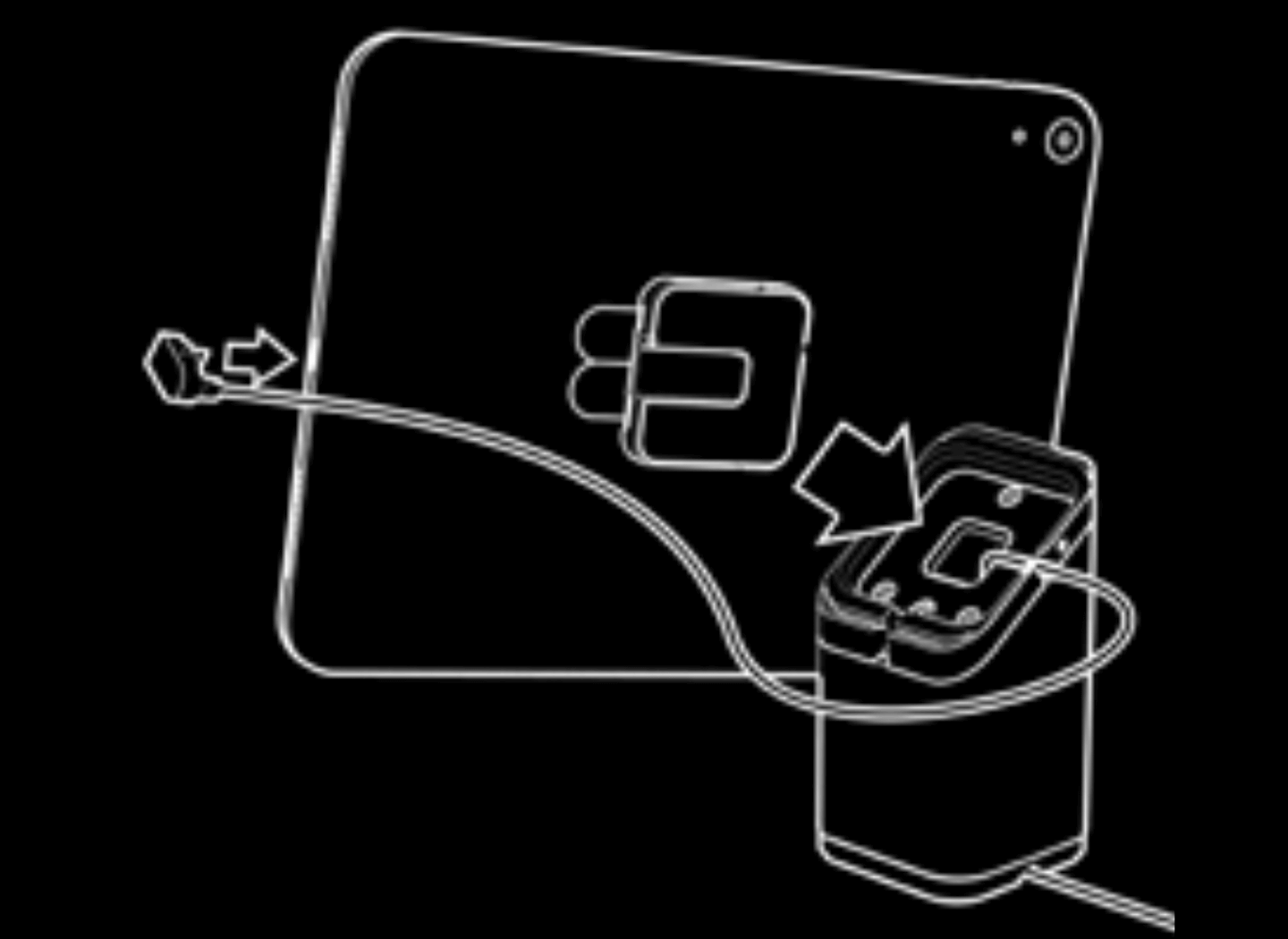 Illustration du support universel montrant le câble en train d'être branché à la tablette et celle-ci en train d'être placée sur le socle.