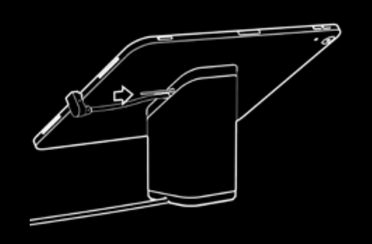 Illustration du support universel montrant l'insertion de la tige de verrouillage juste en dessous de la tablette.