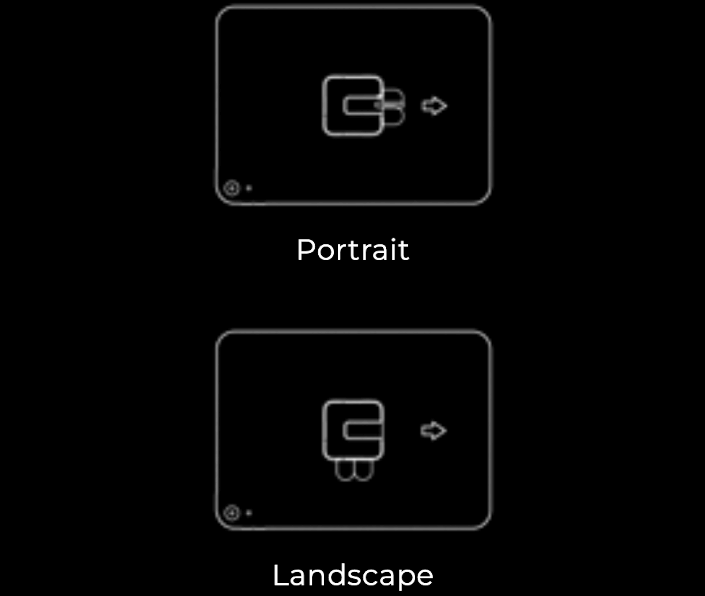 Illustration of Universal Stand tablet connector plate being attached to the back of the tablet, showing the direction of the adhesives based on if the tablet will be displayed in portrait or landscape mode.