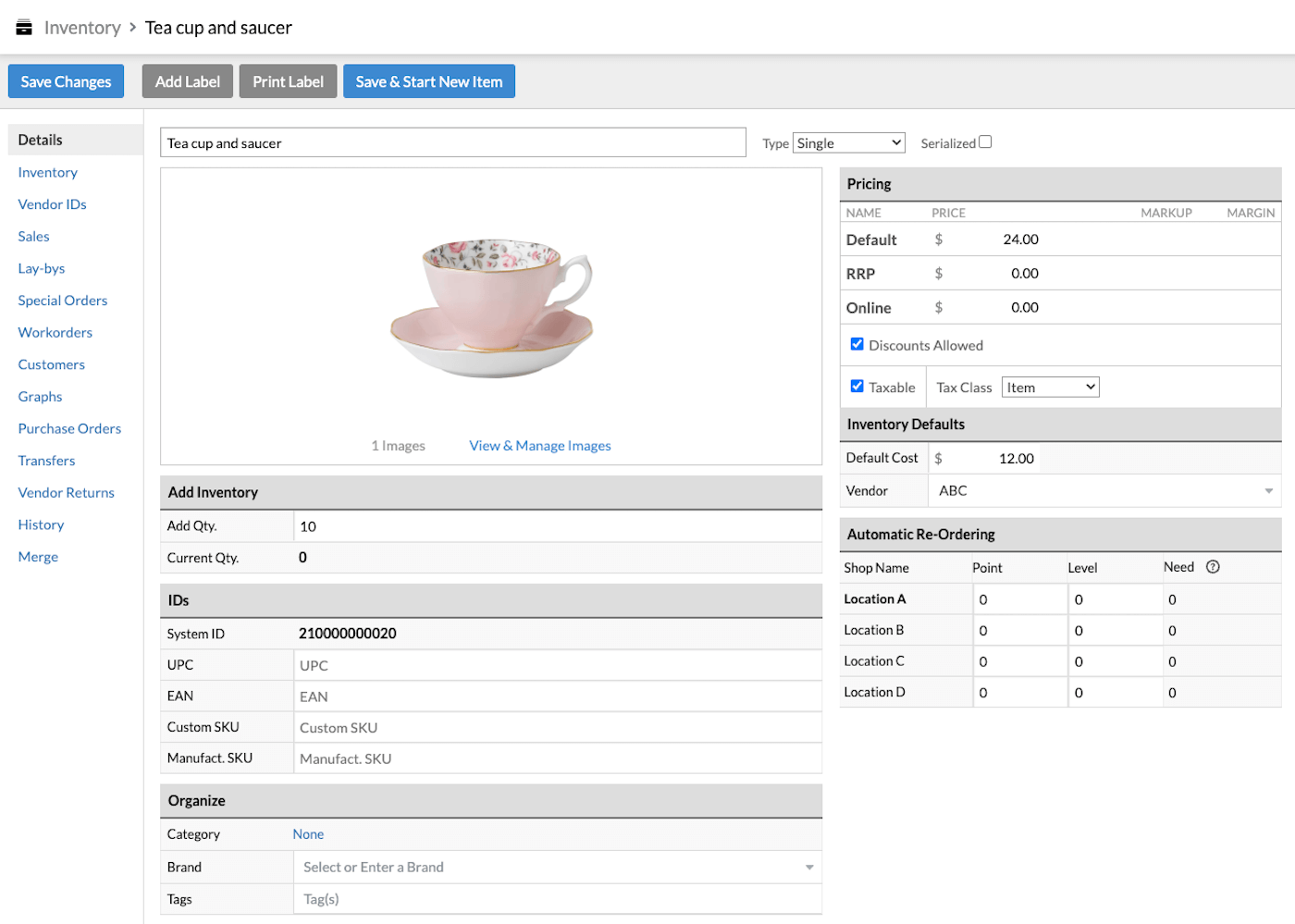 Add item page showing a single item