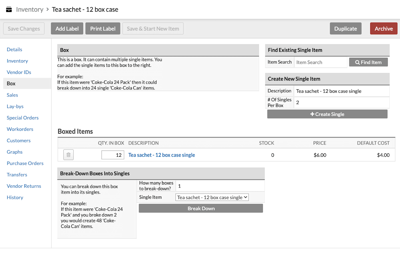 Inventory page showing a box.