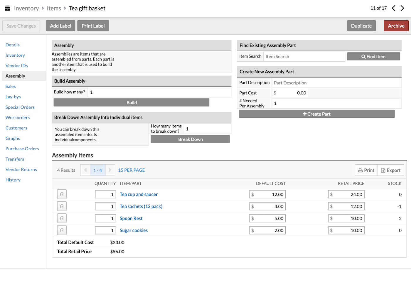 Inventory page showing an assembly.