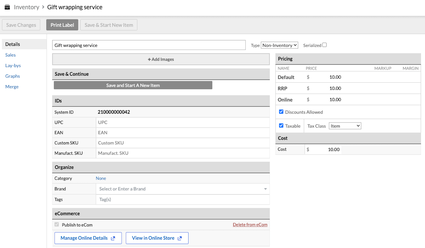 Inventory page showing a non inventory item.