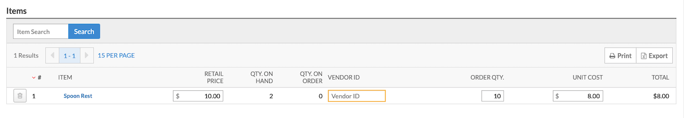 Purchase order items section showing field to update unit cost.