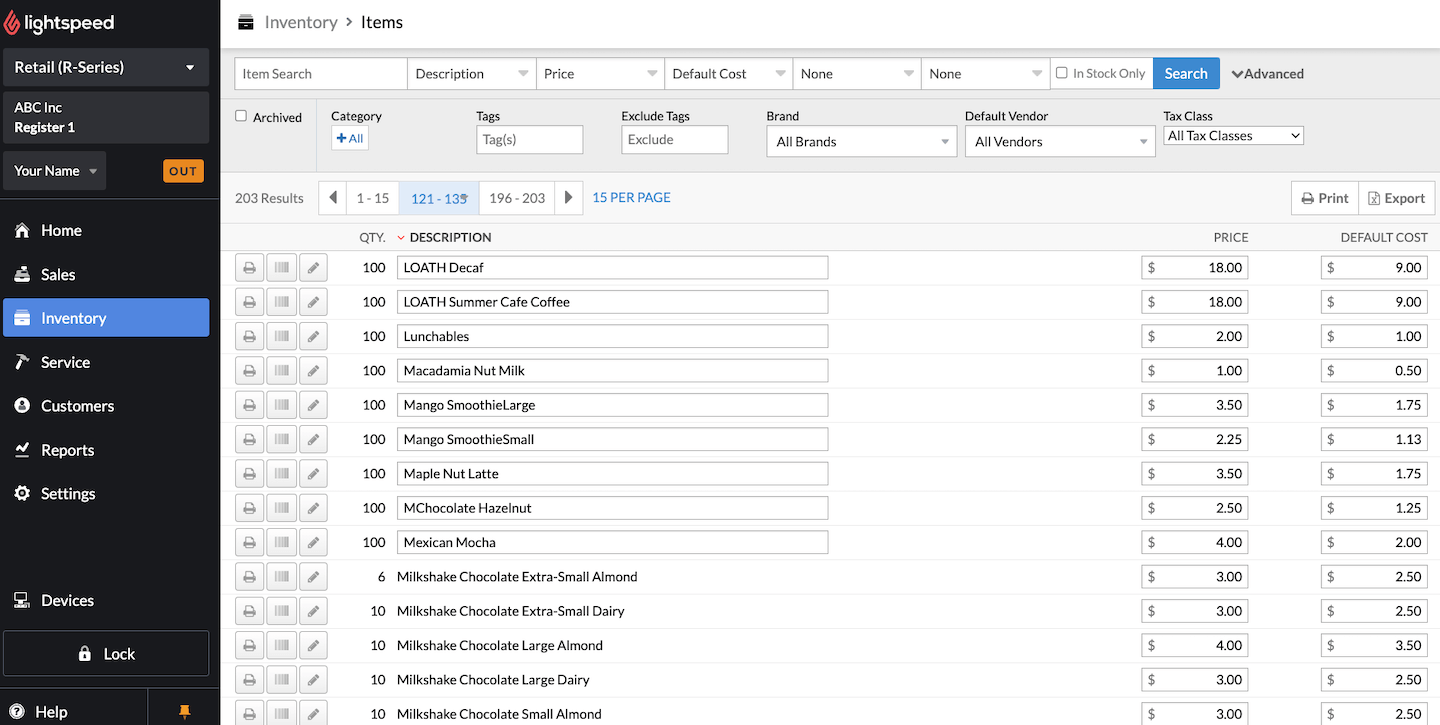 Écran de modification rapide des articles présentant une liste d’articles. La description de certains d’entre eux ne peut pas être modifiée, car ils font partie d’une matrice.