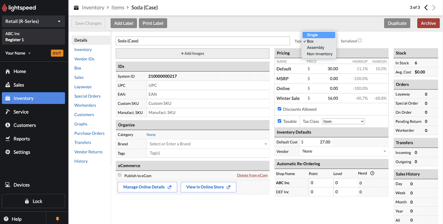 Page Détails, l’option Unité du menu déroulant Type est mise en évidence.