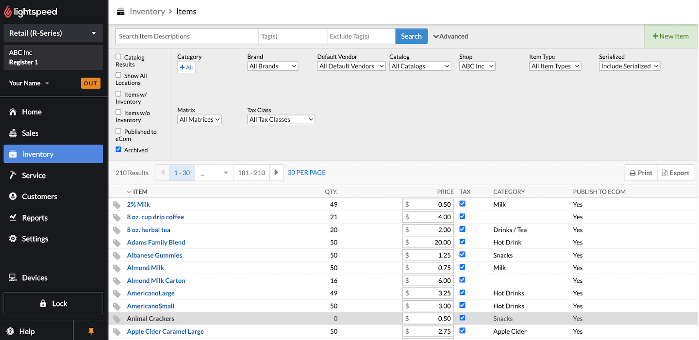 De pagina Items, waarbij een gearchiveerd item is te zien dat grijs is gemarkeerd.