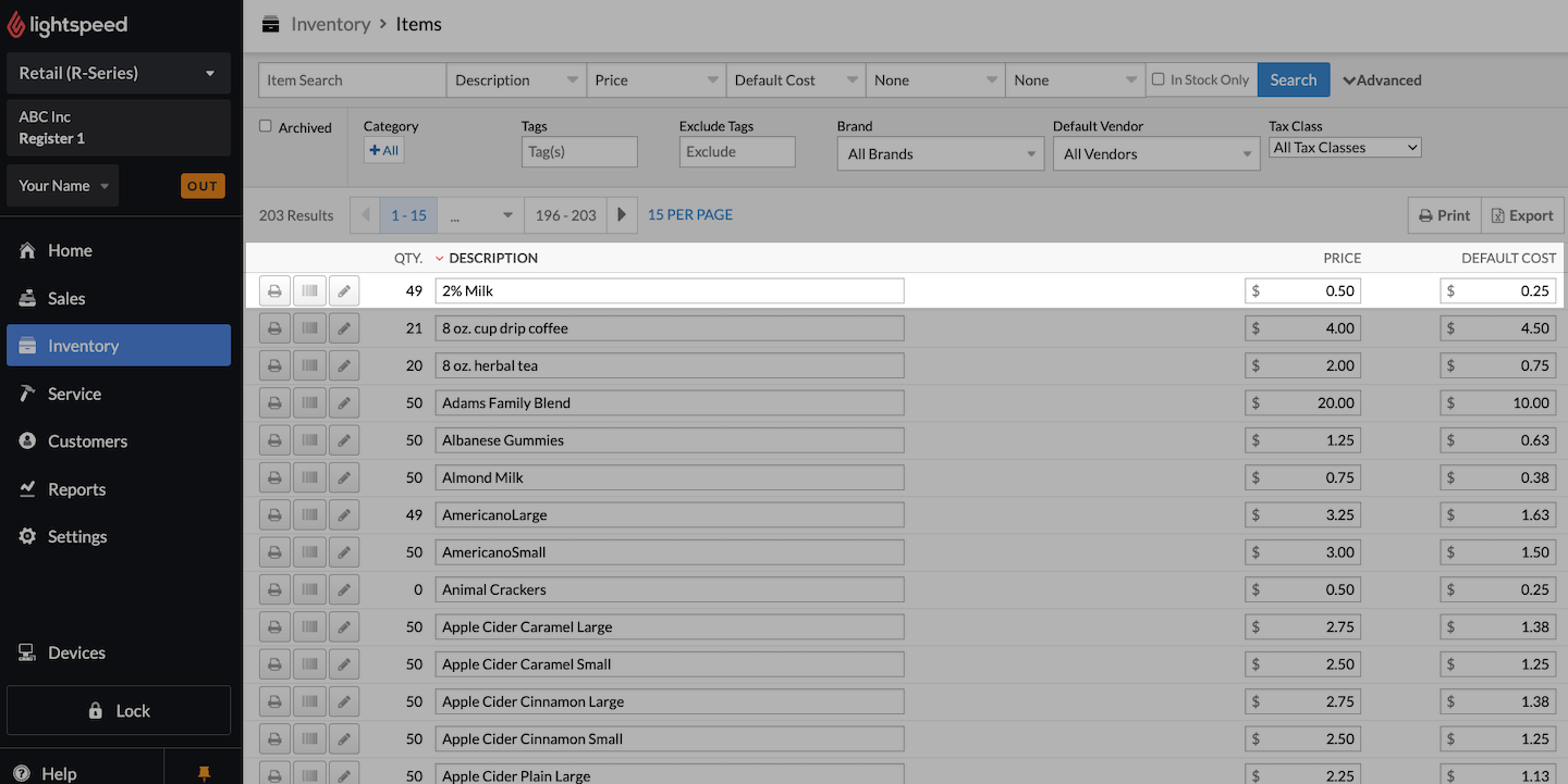 Quick Edit Items screen with item emphasized, showing editable Description, Price, and Default Cost fields.