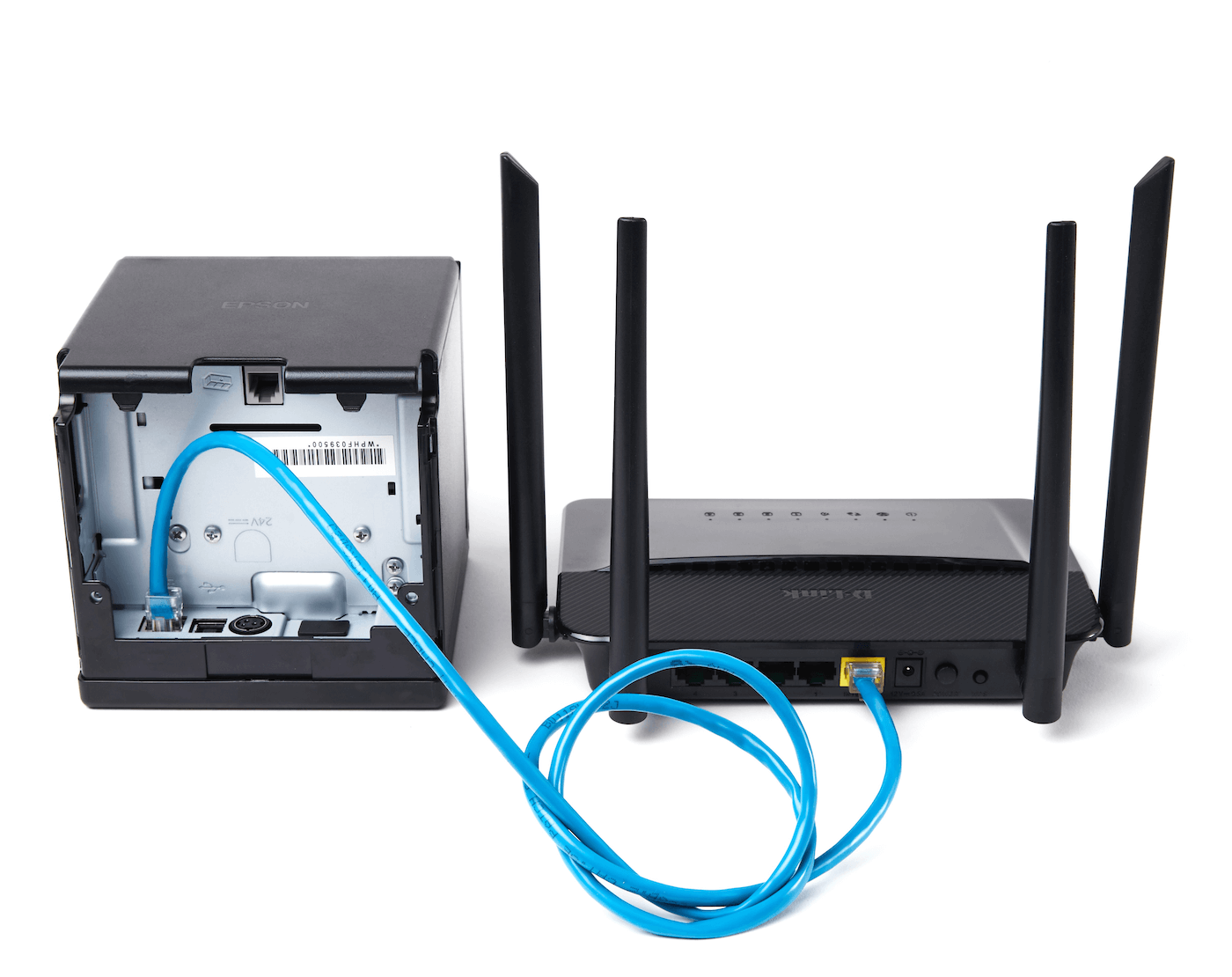 Diagram showing printer and router connected with a LAN cable.