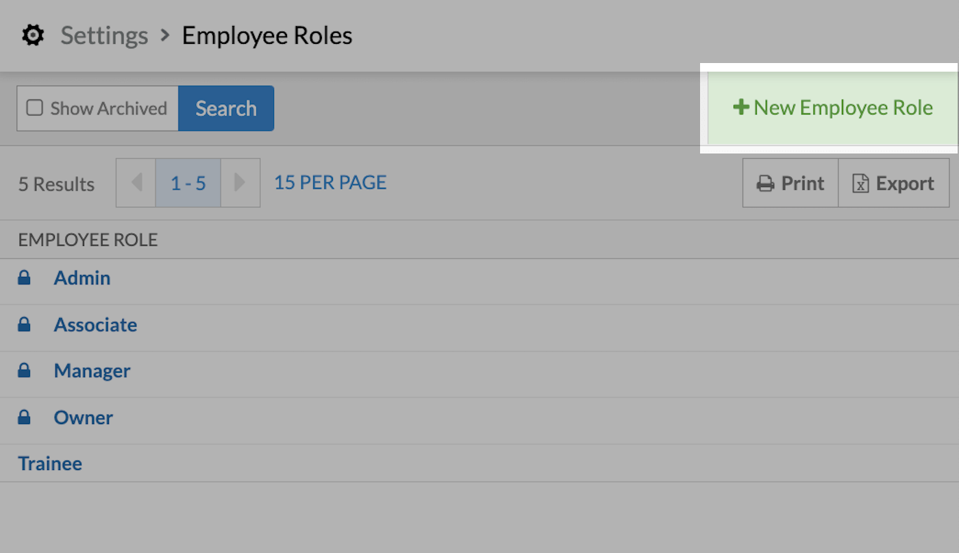 Employee Roles page with + New Employee Role emphasized.