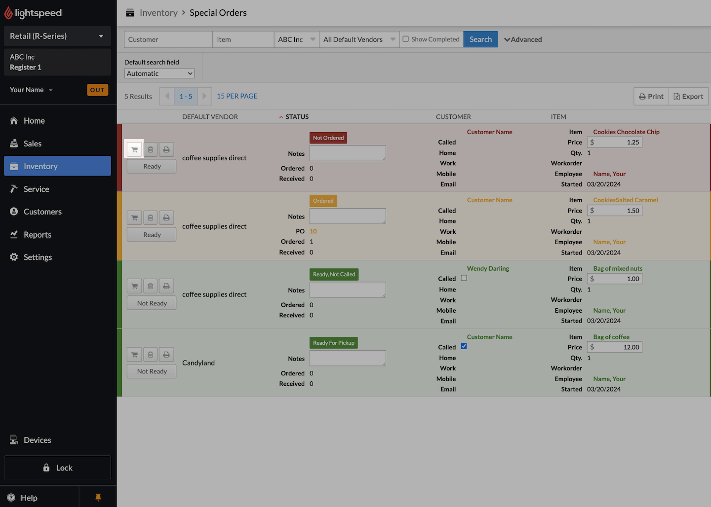 Page Commandes spéciales, l’icône de panier est mise en évidence.