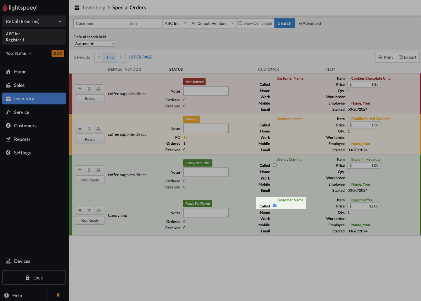 Page Commandes spéciales, la case Appelé est mise en évidence.