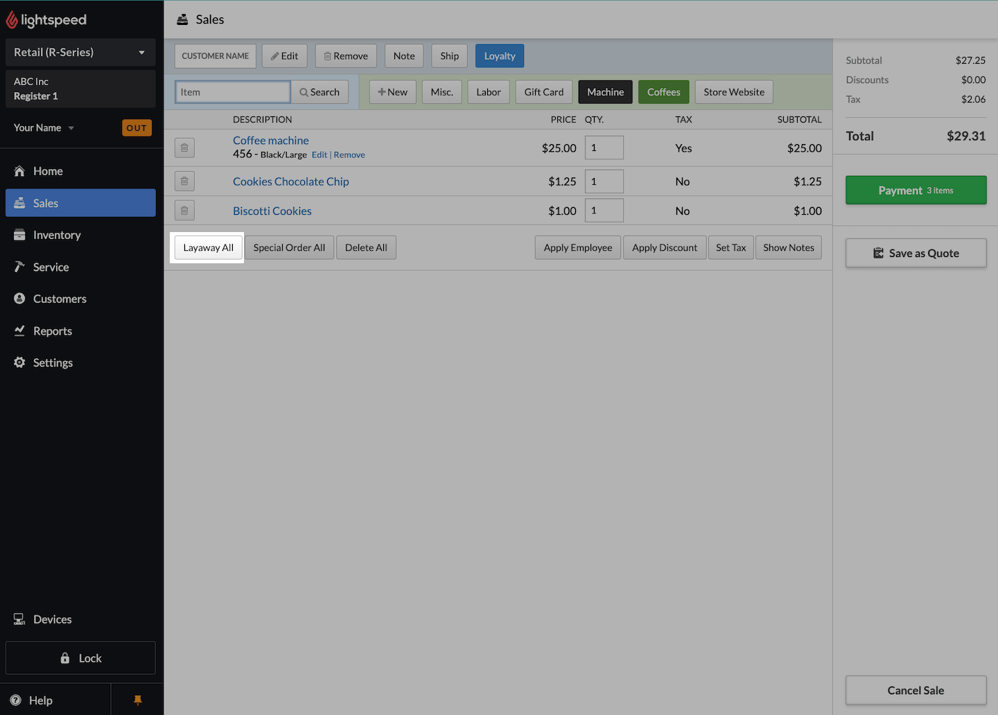 Sales screen, with Layaway All emphasized.
