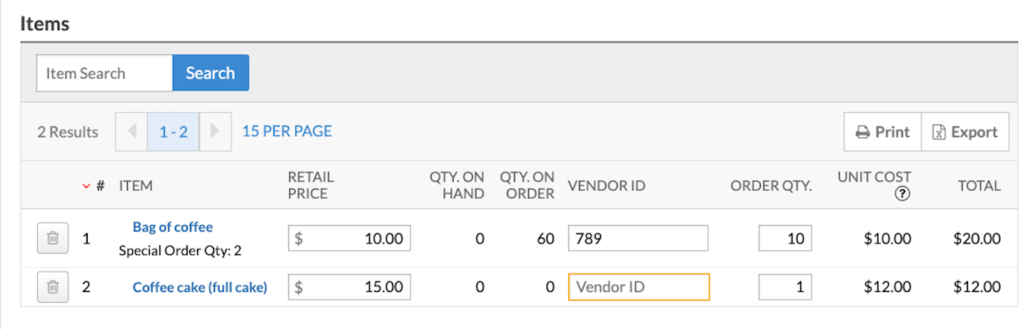 Items section of the main Purchase order screen.