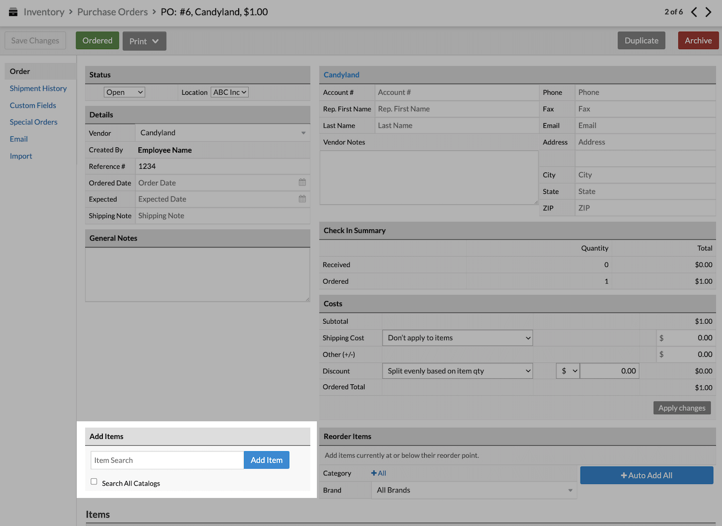 Main purchase order page, with Add Items section emphasized.