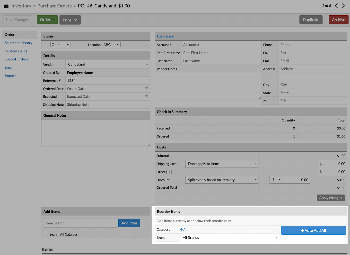 Main purchase order page, with Reorder Items section emphasized.