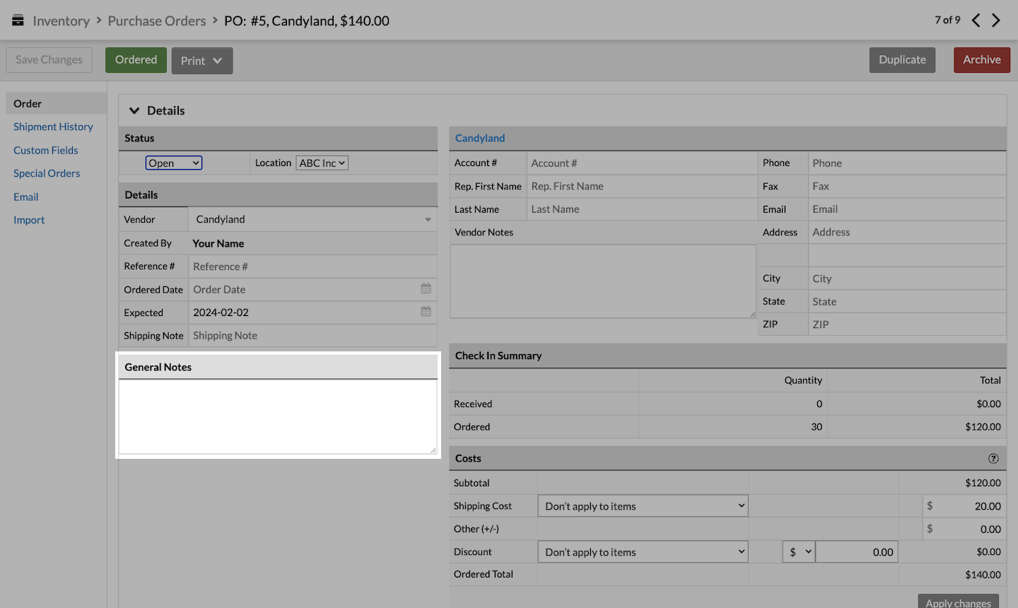 Purchase order page with General Notes section emphasized.