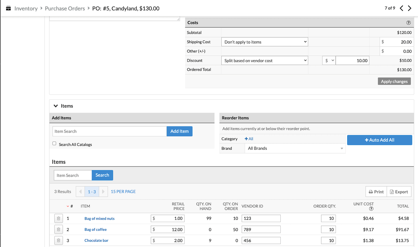 Section Coûts avec l’option Diviser en fonction du coût du fournisseur sélectionnée.