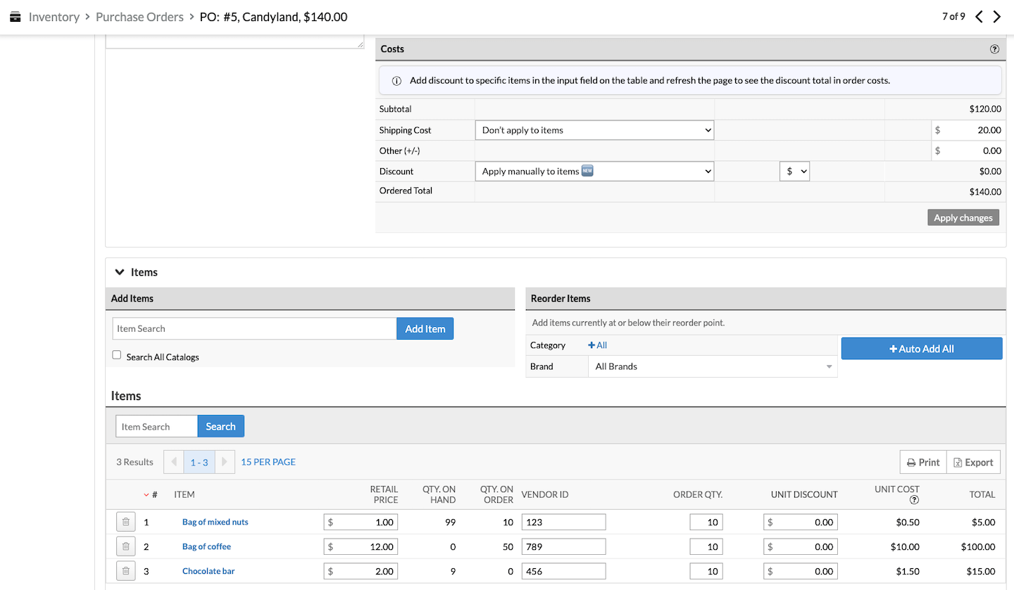 Costs section with Apply manually to items selected.