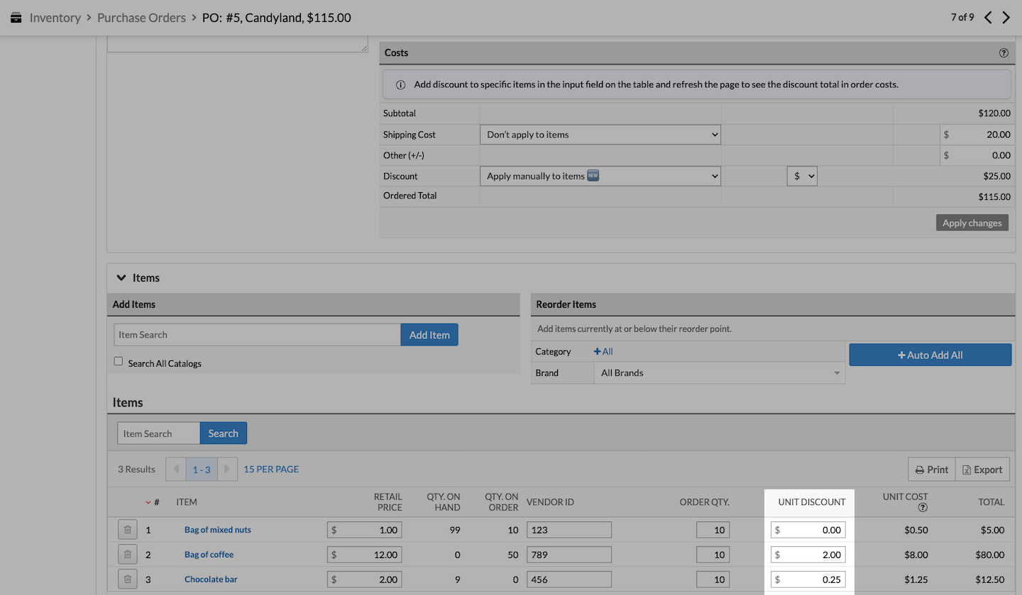 Purchase order page with UNIT DISCOUNT section emphasized.