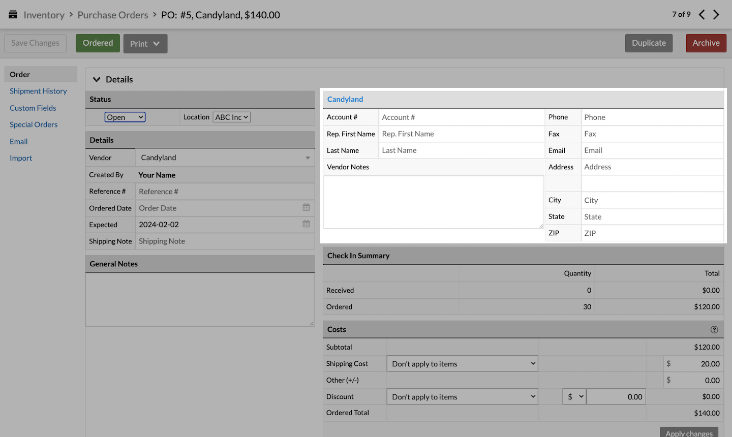 Purchase order page, with vendor information section emphasized.