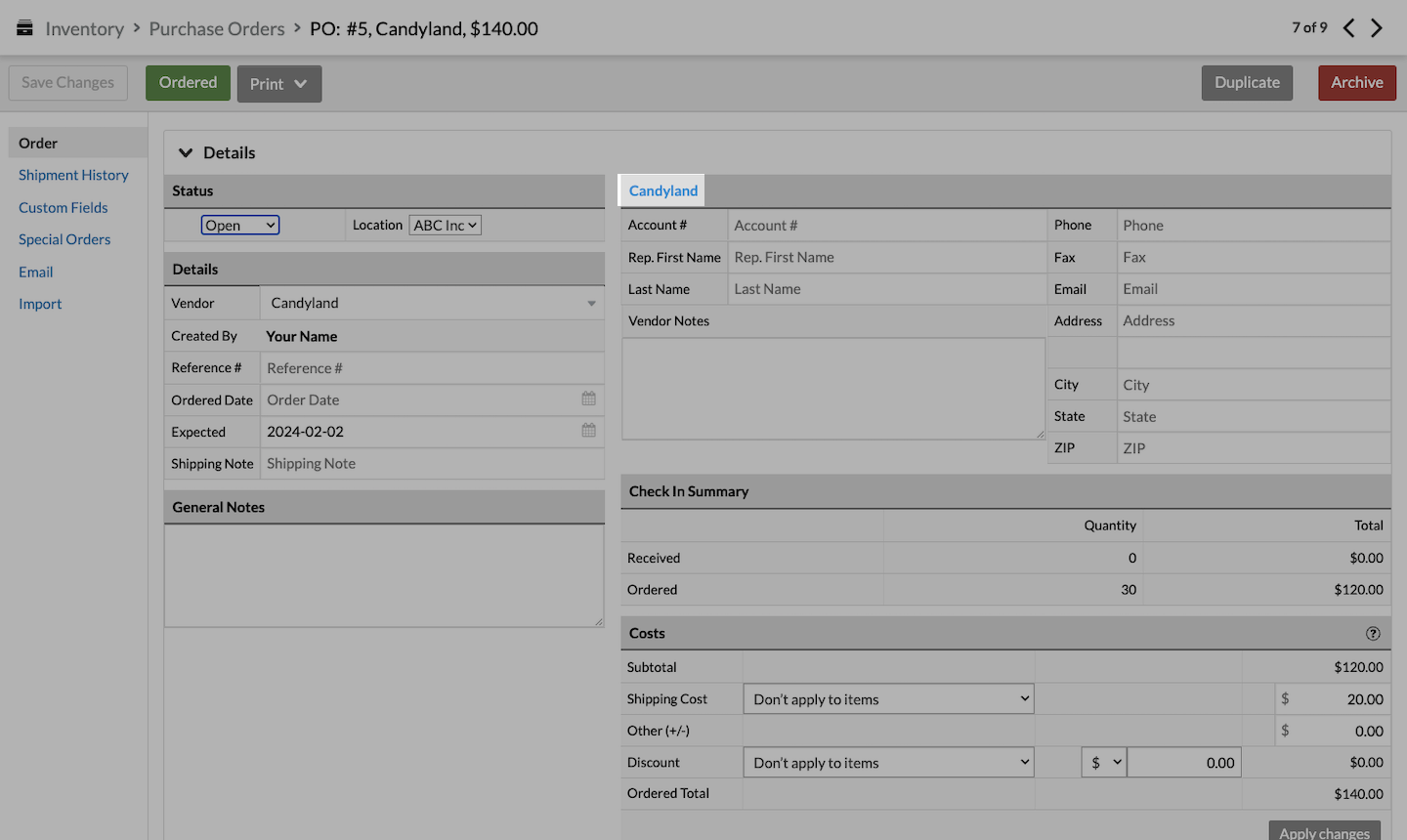 Purchase order page with vendor's name emphasized.