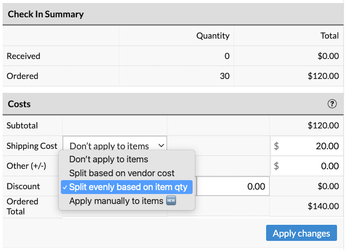 Menu déroulant Réduction présentant les options Ne pas appliquer, Diviser en fonction du coût du fournisseur, Diviser en parts égales en fonction de la quantité d’articles et Appliquer manuellement aux articles.