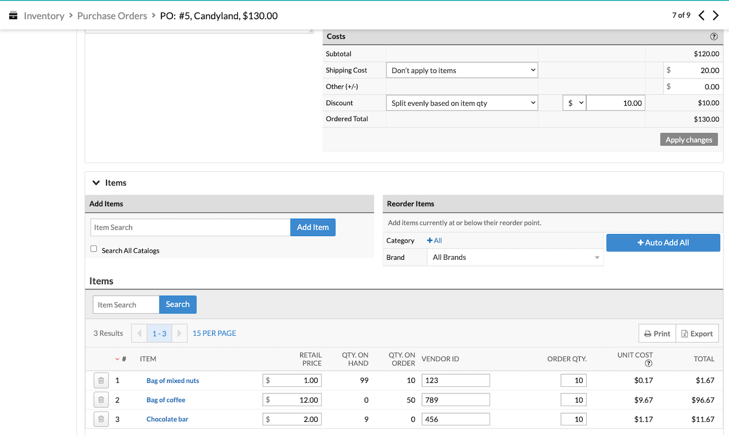 Costs section with Split evenly based on item quantity selected.