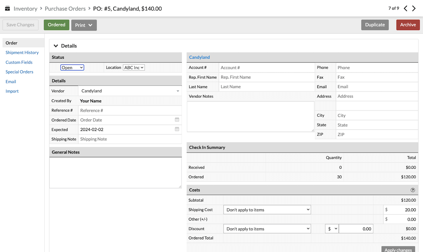 Purchase order page showing Ordered button and Status drop-down list.