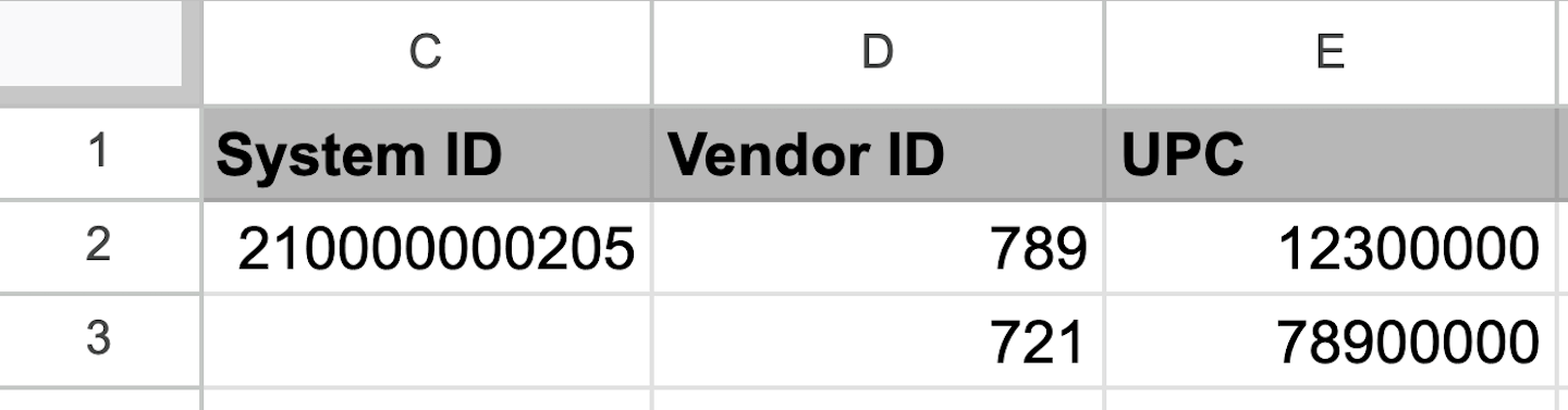 The purchase order import spreadsheet showing the columns System ID, Vendor ID, and UPC.