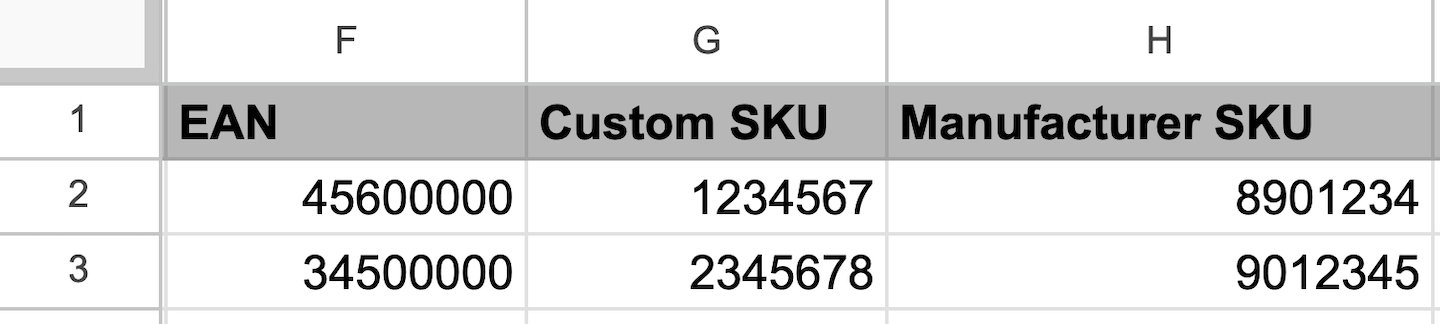 The purchase order import spreadsheet showing the columns EAN, Custom SKU, and Manufacturer SKU.