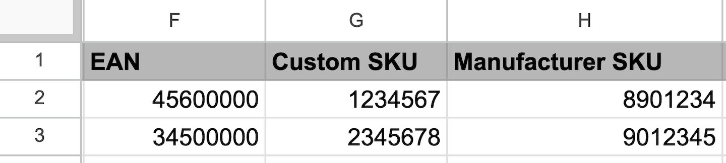 De spreadsheet om inkooporders te importeren met de kolommen EAN, Custom SKU (Aangepaste SKU) en Manufacturer SKU (SKU merk).