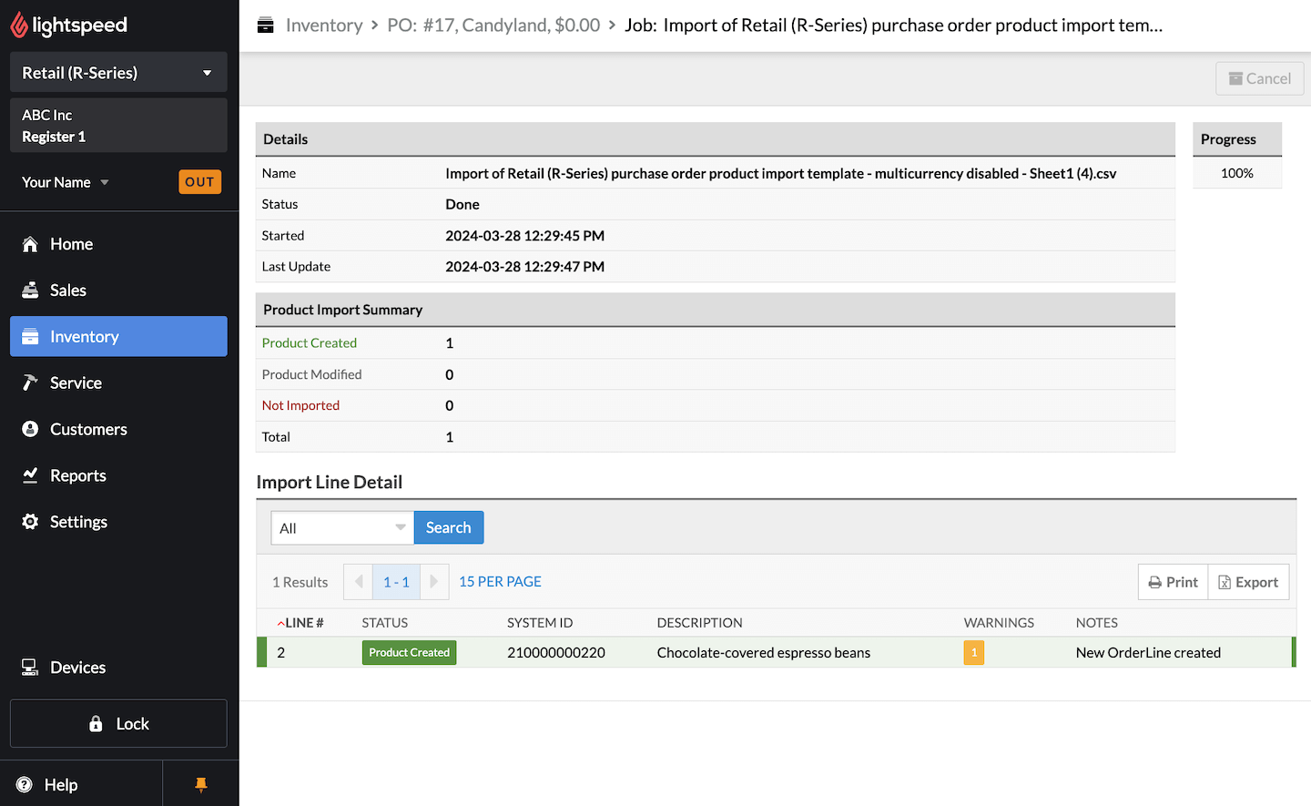 Scherm met taakstatus waarop te zien is dat de import geslaagd is.