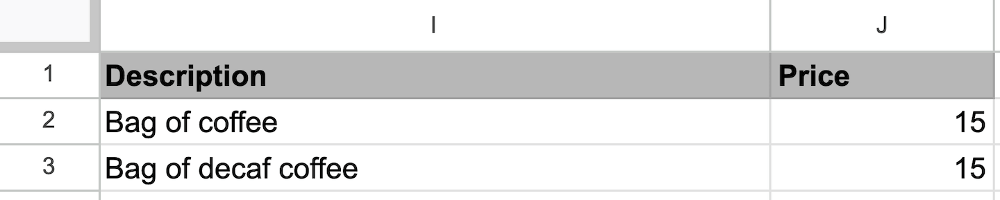 De spreadsheet om inkooporders te importeren met de kolommen Description (Beschrijving) en Price (Verkoopprijs).