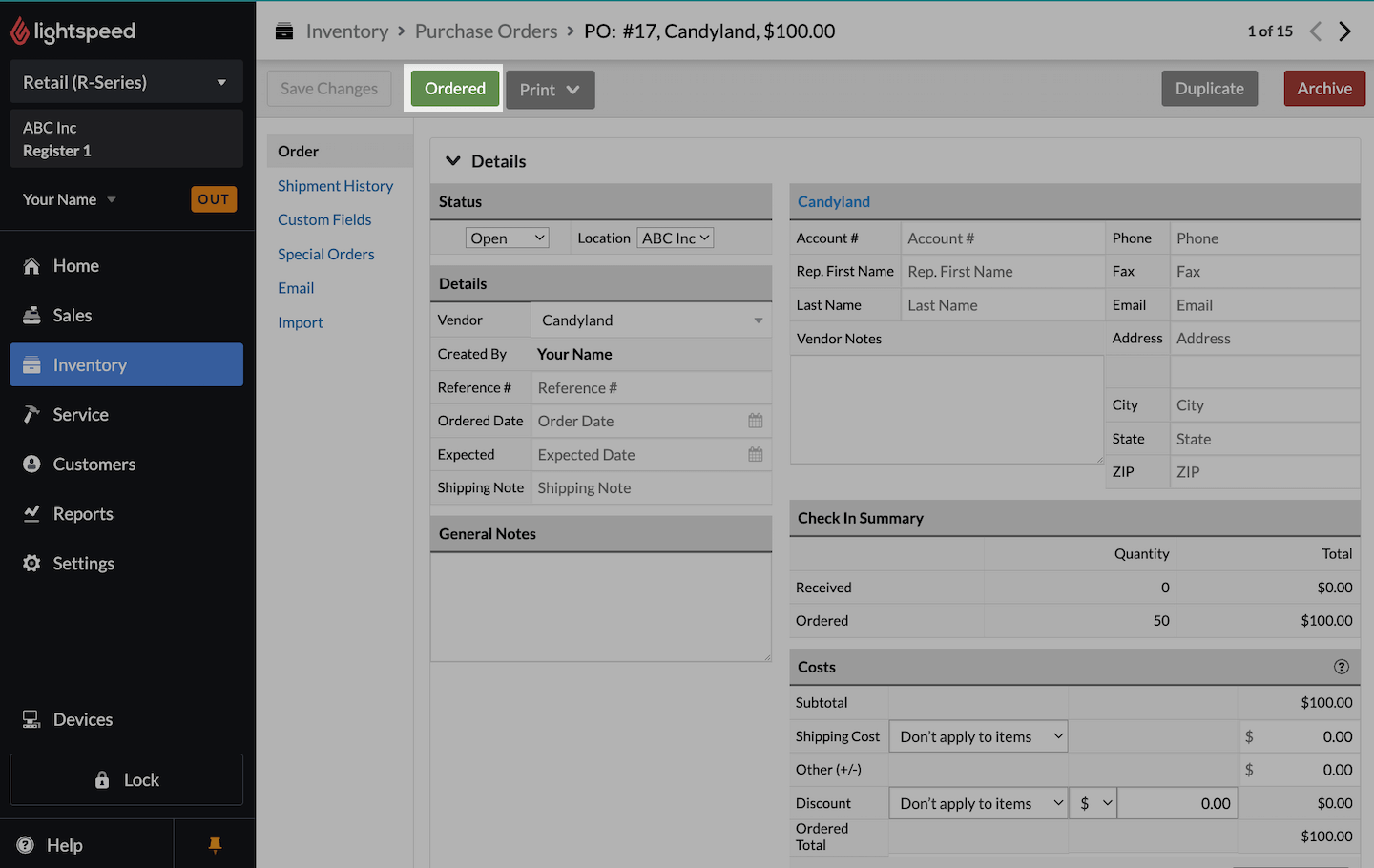 Purchase order details page with Ordered button emphasized.