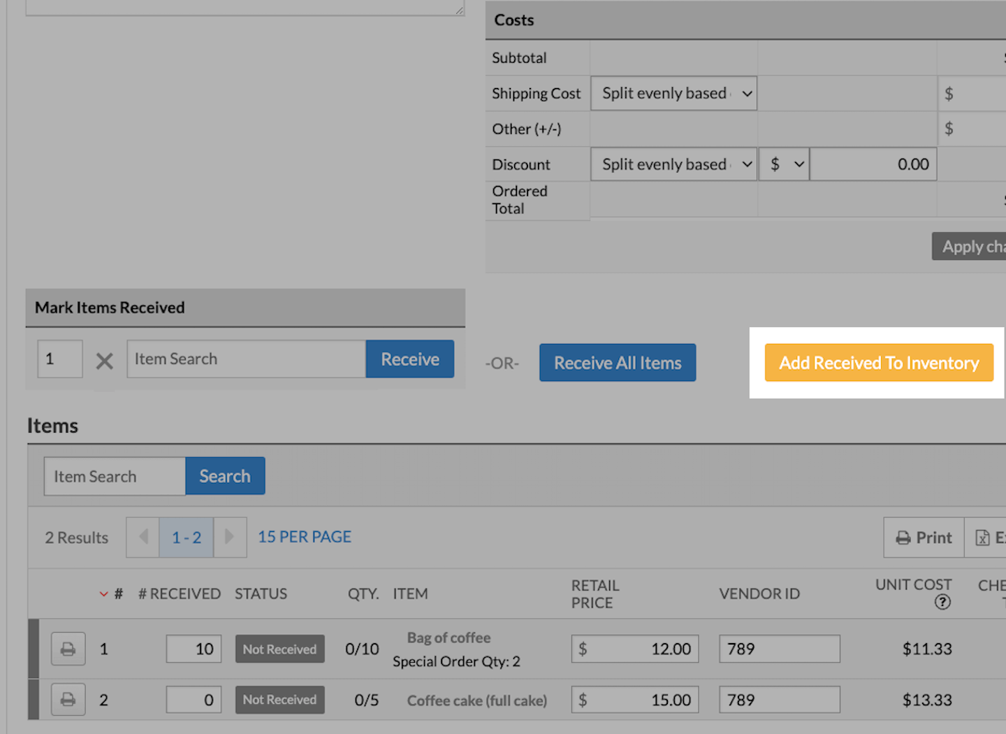 Purchase order screen, with Add Received To Inventory button emphasized.