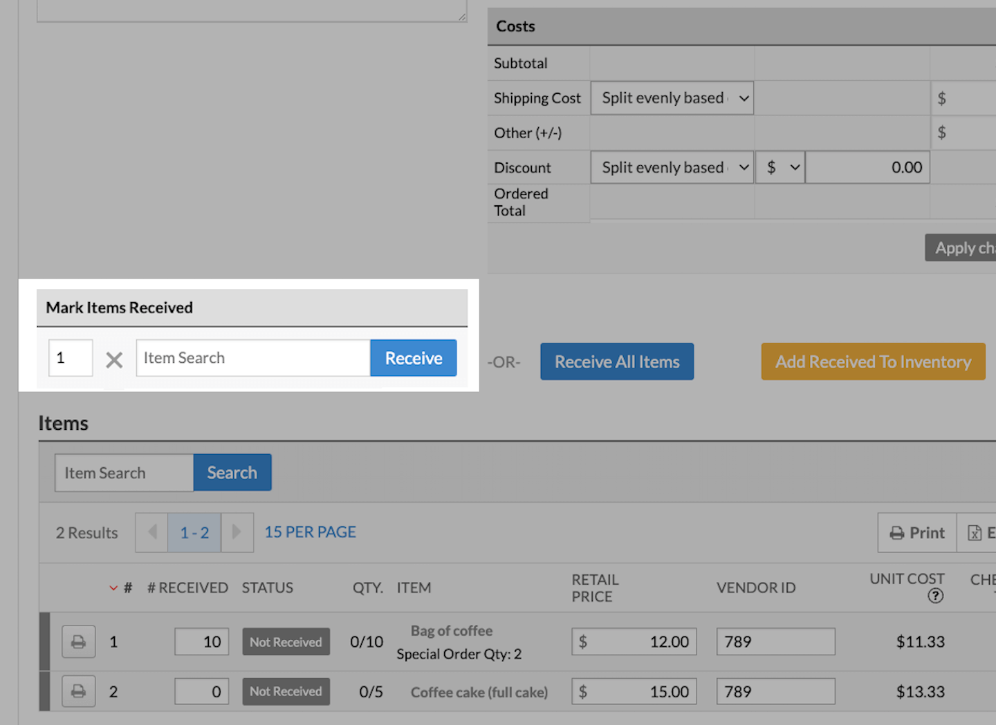 Purchase order screen, with Mark Items Received section emphasized.